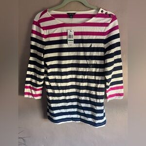 Nautica Women's Long Sleeve Top - Pink and Navy Stripes